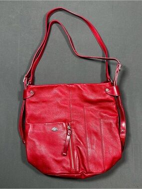 Women's Red Leather Shoulder Bag with Front Zip Pocket